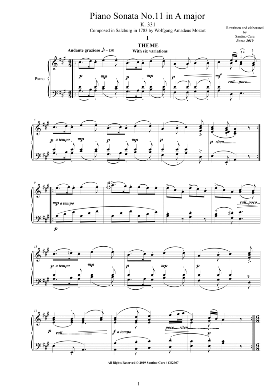 Mozart - Piano Sonata No.11 in A major K 331 - Complete score Piano Solo scores gallery preview page 1