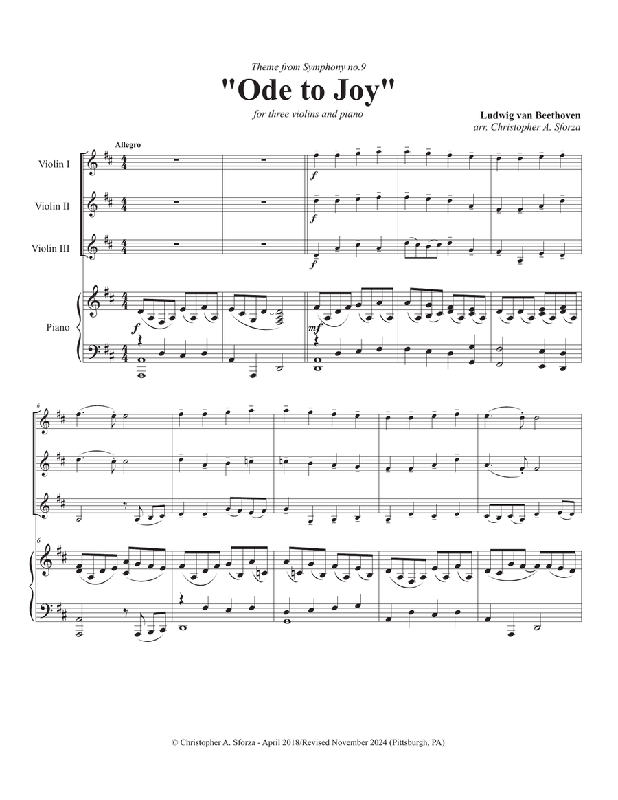Ode to Joy, for three violins and piano Viola scores gallery preview page 2