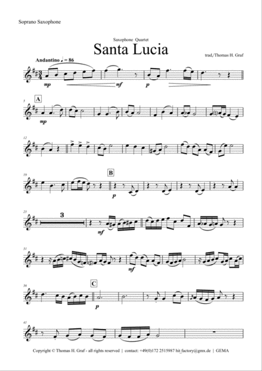 Santa Lucia - Italian Folk Song - Here in the twighlight - Saxophone Quartet Saxophone Quartet scores gallery preview page 6