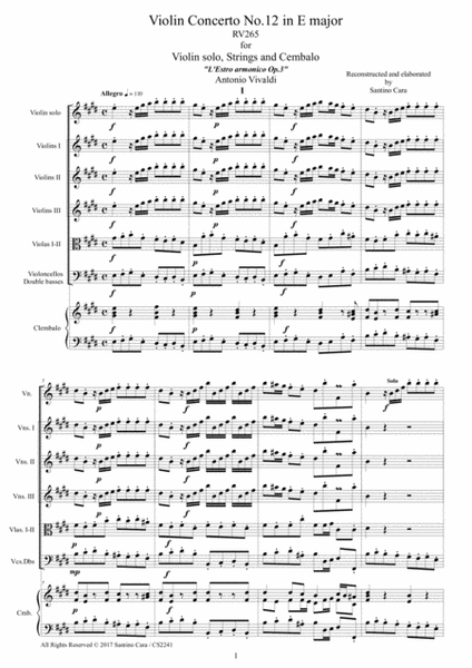 Vivaldi - Violin Concerto No.12 in E major RV 265 Op.3 for Violin solo, Strings and Cembalo image number null