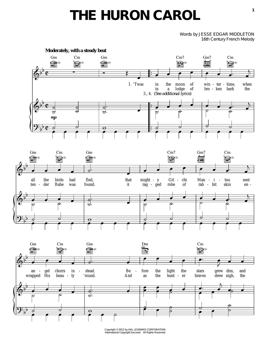 The Huron Carol The Huron Carol Piano, Vocal, Guitar scores gallery preview page 1