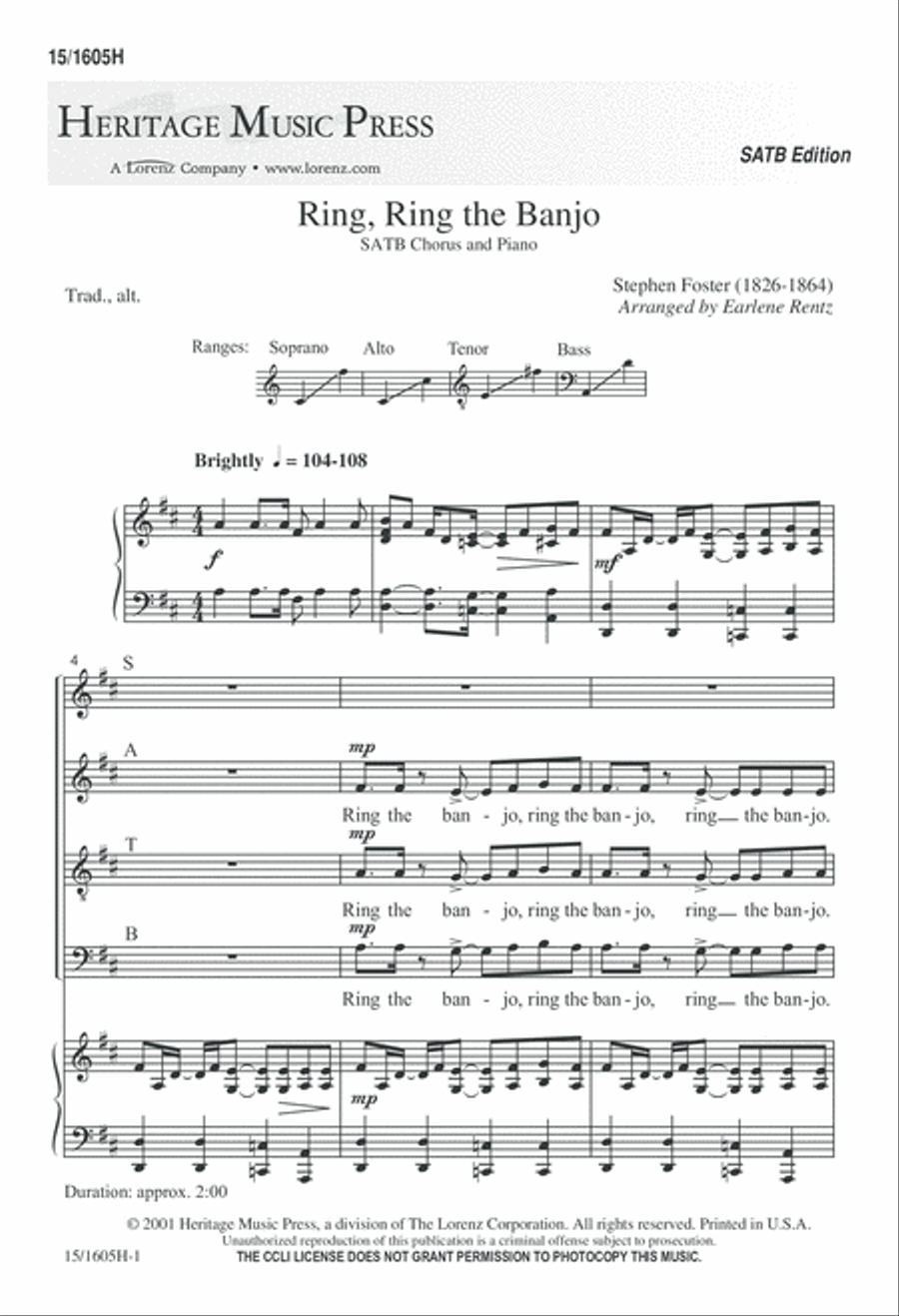 Ring, Ring the Banjo 4-Part scores gallery preview page 1
