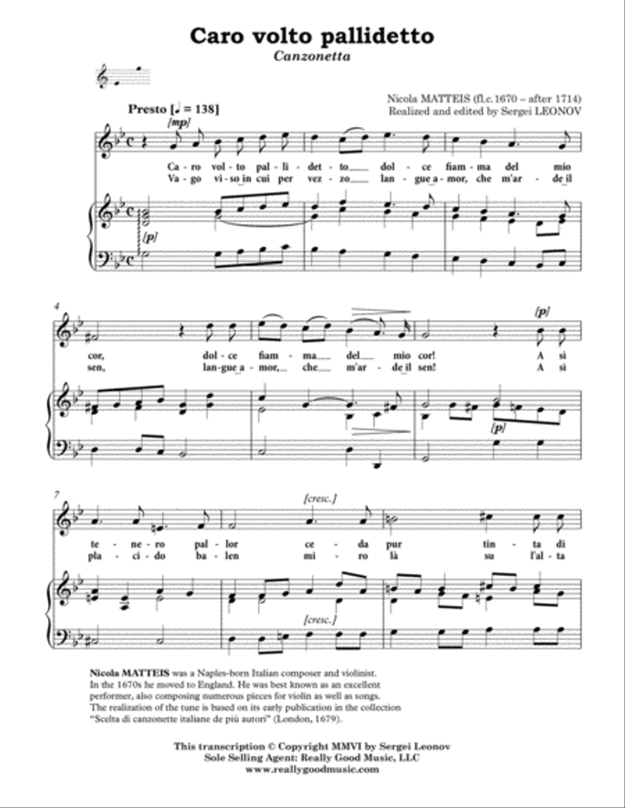MATTEIS Nicola: Caro volto pallidetto, canzonetta, arranged for Voice and Piano (G minor)