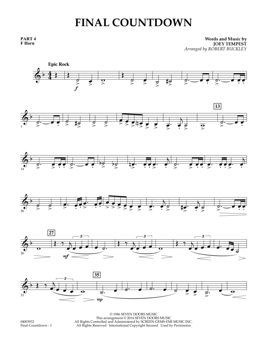Final Countdown - Pt.4 - F Horn Concert Band scores gallery preview page 1