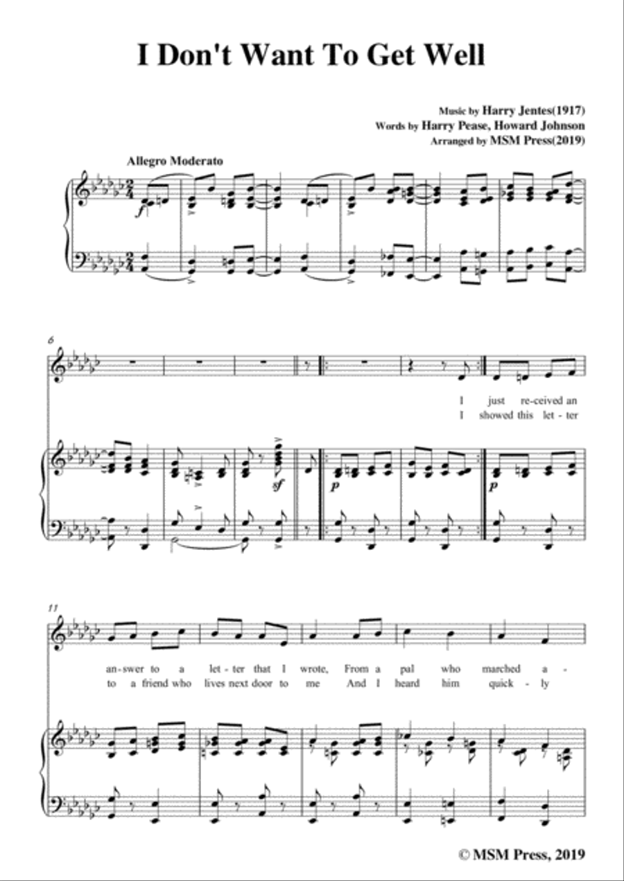Harry Jentes-I Don't Want To Get Well,in G flat Major,for Voice&Piano Voice scores gallery preview page 3