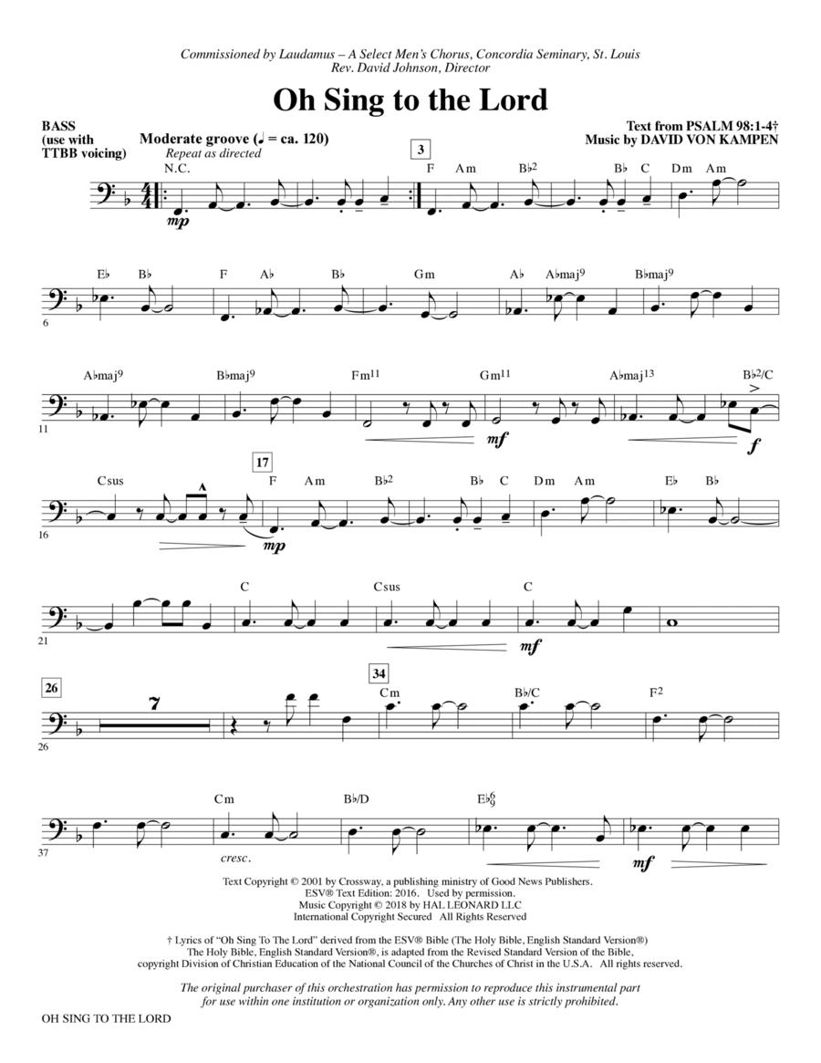 Oh Sing to the Lord - Bass (Use w/ TTBB voicing) TTBB scores gallery preview page 1