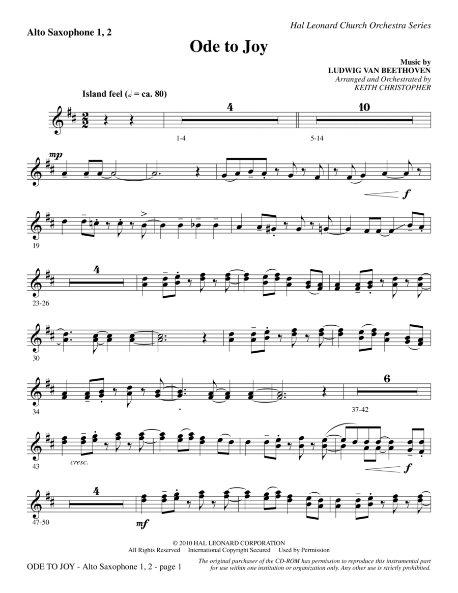 Ode To Joy (Does Not Match SATB 08752035) - Alto Sax 1,2 4-Part scores gallery preview page 1