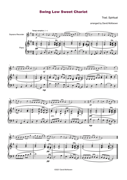 Swing Low Sweet Chariot. Gospel Song for Soprano Recorder and Piano