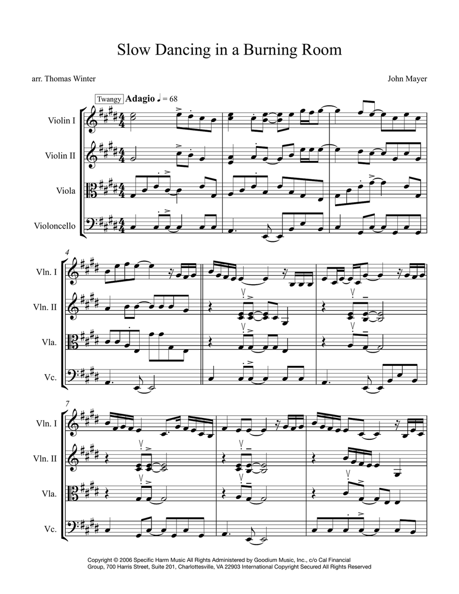 Slow Dancing In A Burning Room String Quartet scores gallery preview page 1
