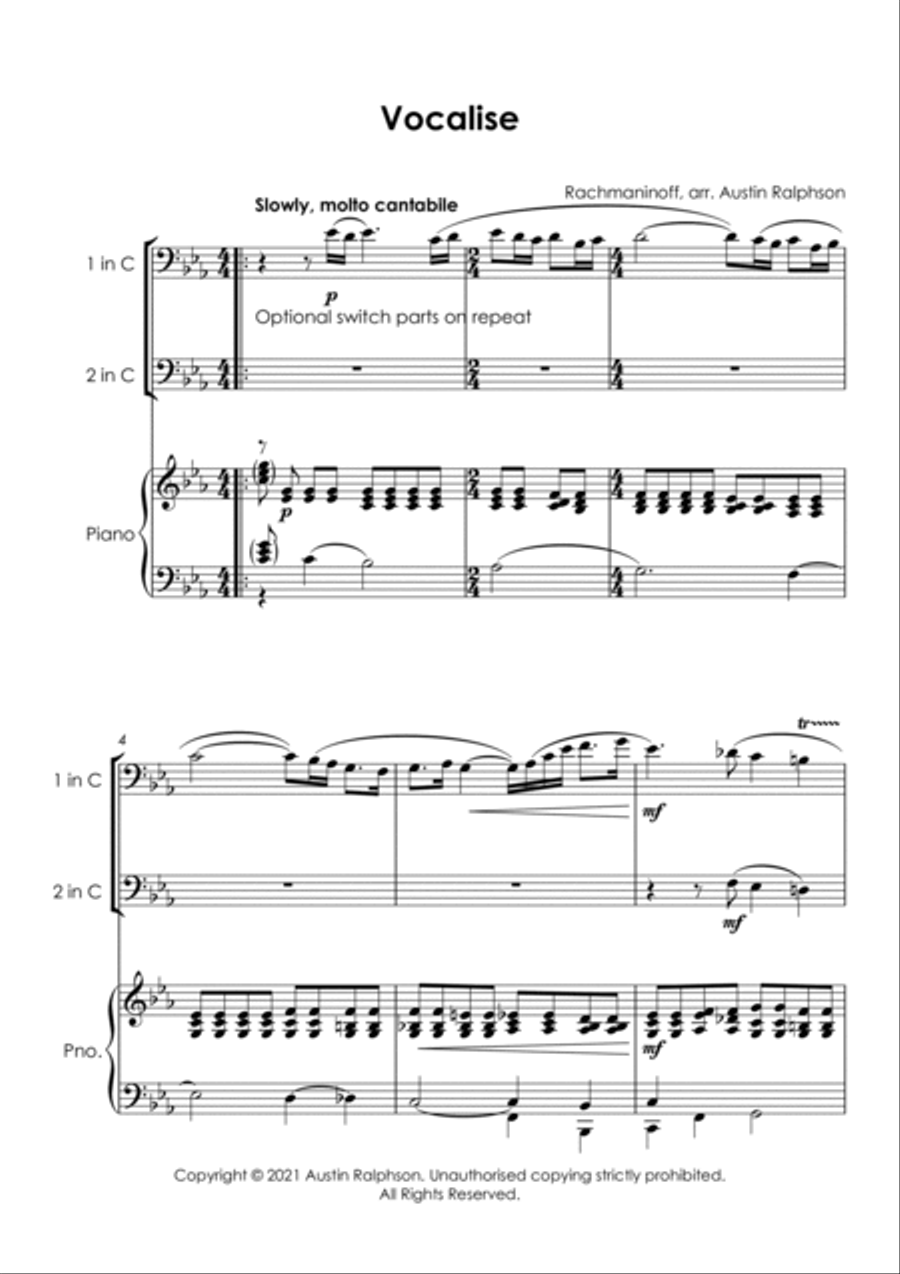 Vocalise (Rachmaninoff) - trombone and/or euphonium duet and piano with FREE BACKING TRACK Trombone Duet scores gallery preview page 2