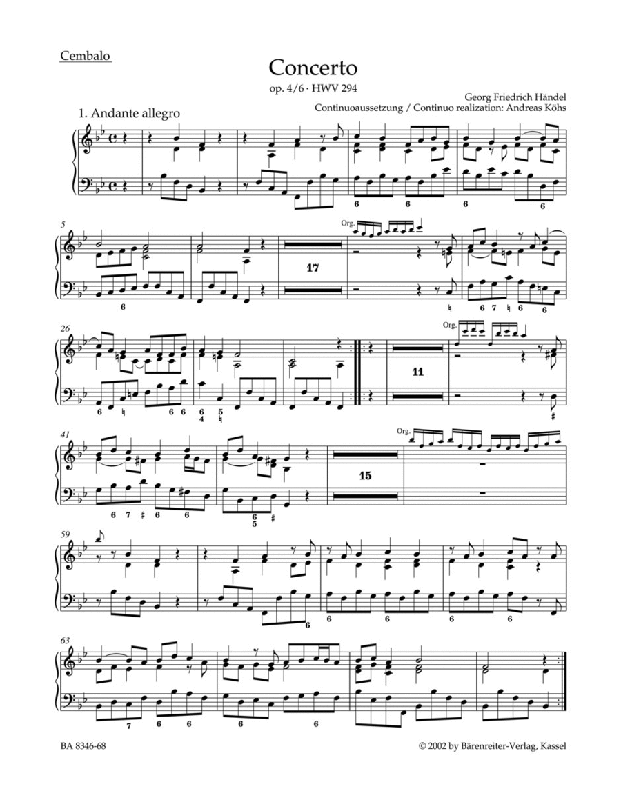 Concerto for Organ and Orchestra B flat major, Op. 4/6 HWV 294 Harpsichord scores gallery preview page 1