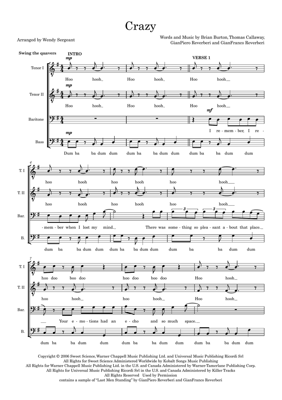 Crazy (arr. Wendy Sergeant) TTBB scores gallery preview page 1