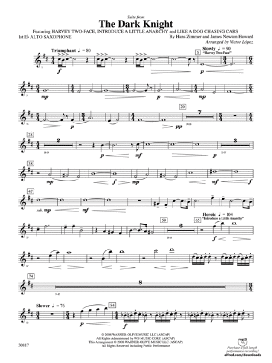 The Dark Knight, Suite from: E-flat Alto Saxophone Concert Band scores gallery preview page 1
