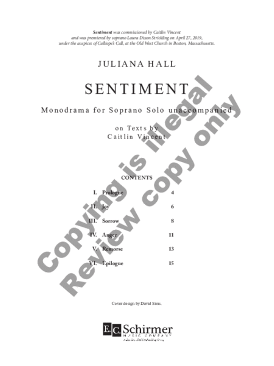 Sentiment: Monodrama for Soprano Solo unaccompanied on texts by Caitlin Vincent