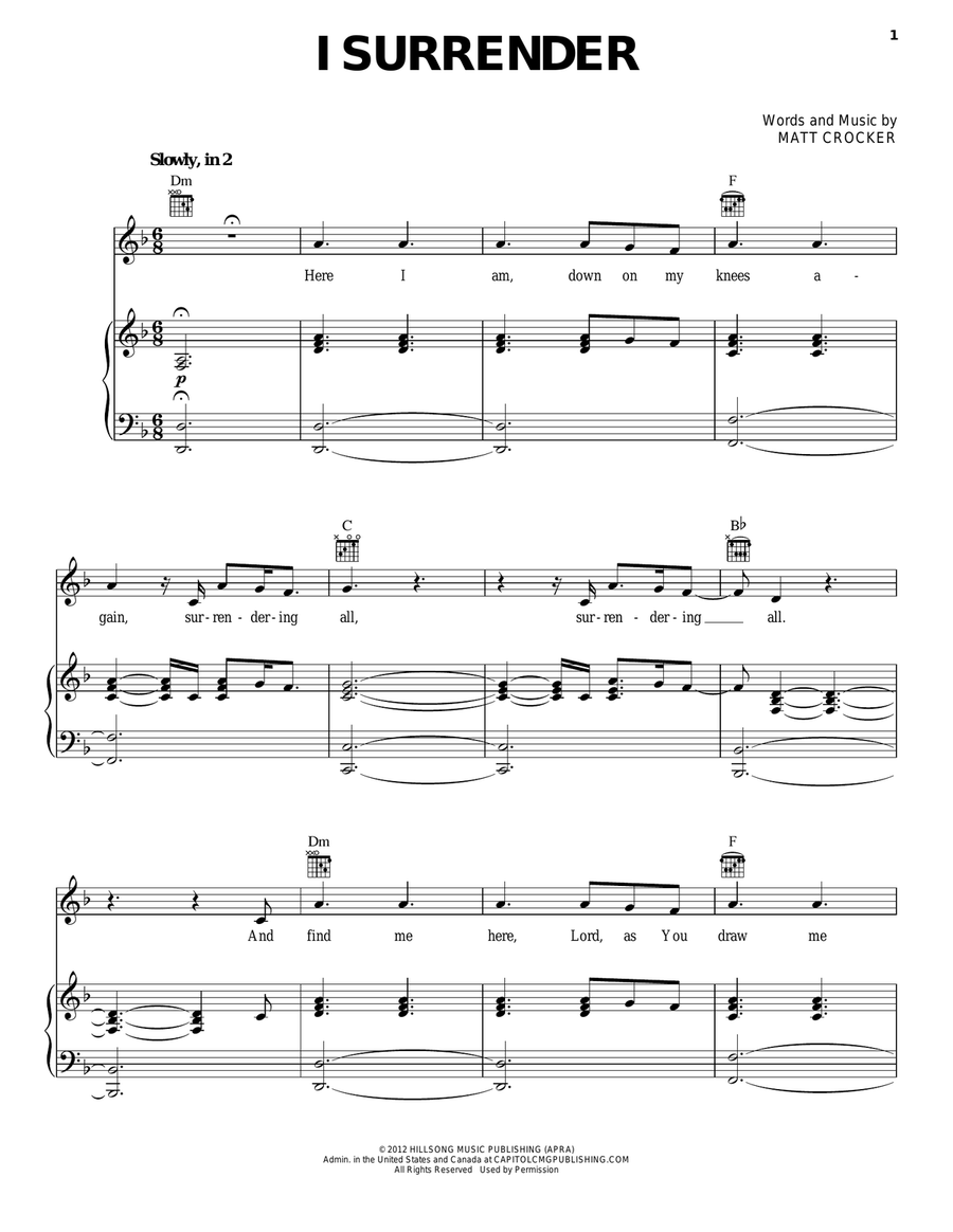 I Surrender Piano, Vocal, Guitar scores gallery preview page 1