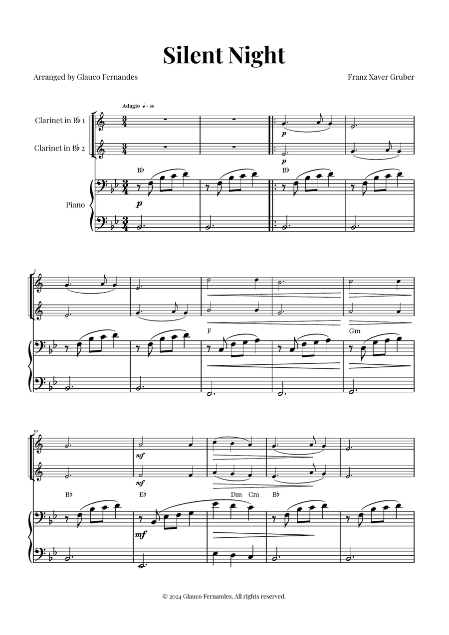 Silent Night | BEAUTIFUL Arrangement Clarinet Duet scores gallery preview page 1