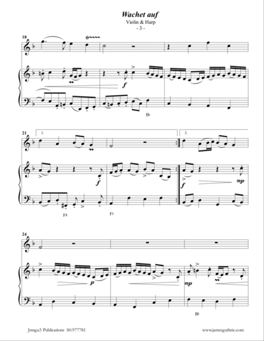 BACH: Wachet Auf BWV 140 for Violin & Harp String Duet scores gallery preview page 3