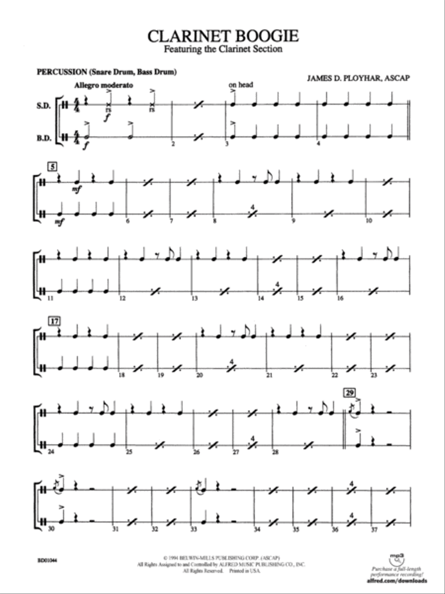 Clarinet Boogie: 1st Percussion Concert Band scores gallery preview page 1