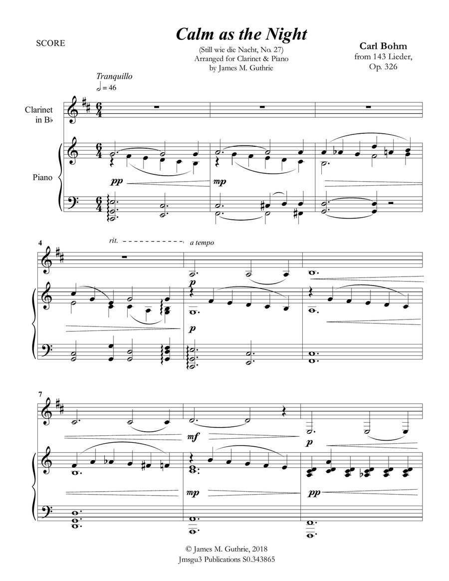 Bohm: Calm as the Night for Clarinet & Piano B-Flat Clarinet scores gallery preview page 1
