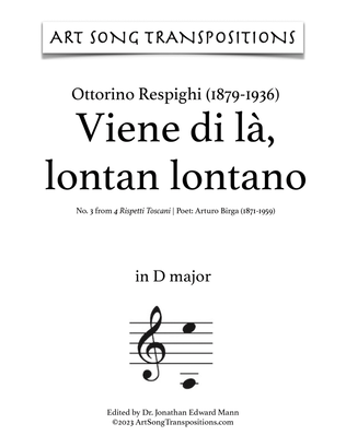 Book cover for RESPIGHI: Viene di là, lontan lontano (transposed to D major)