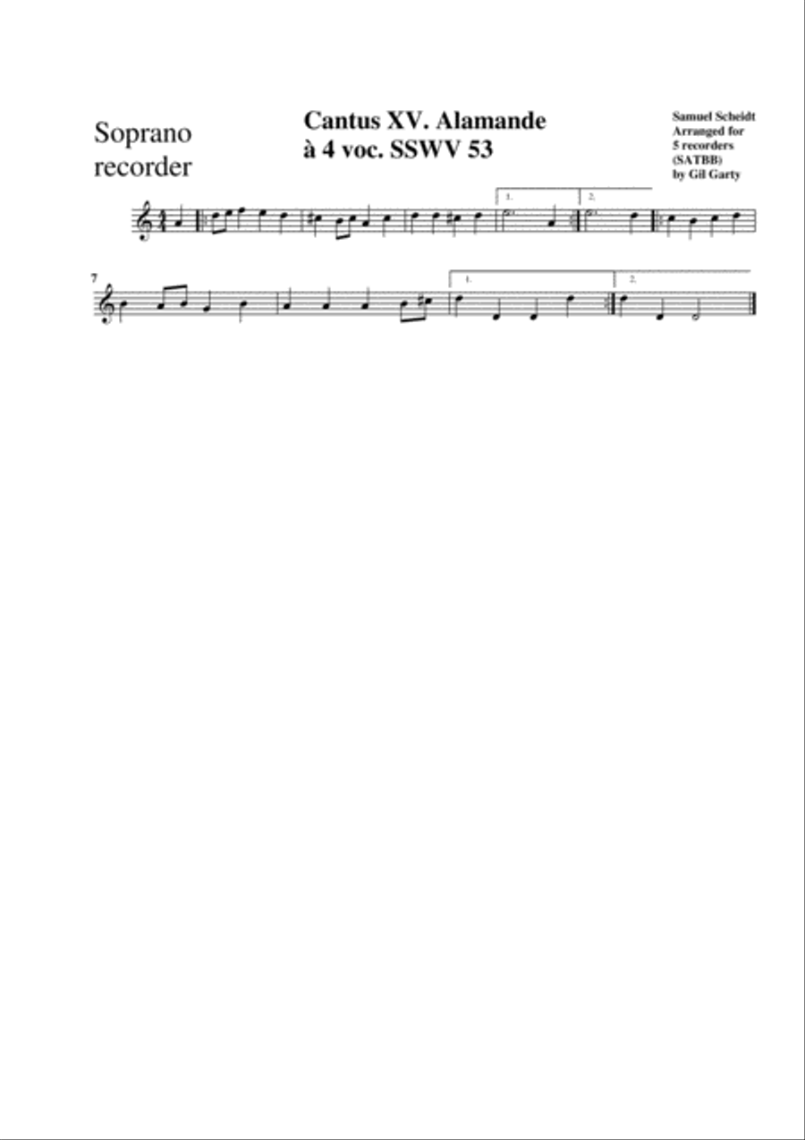 Alamande (Allemande) SSWV 53 (arrangement for 5 recorders) Recorder scores gallery preview page 2