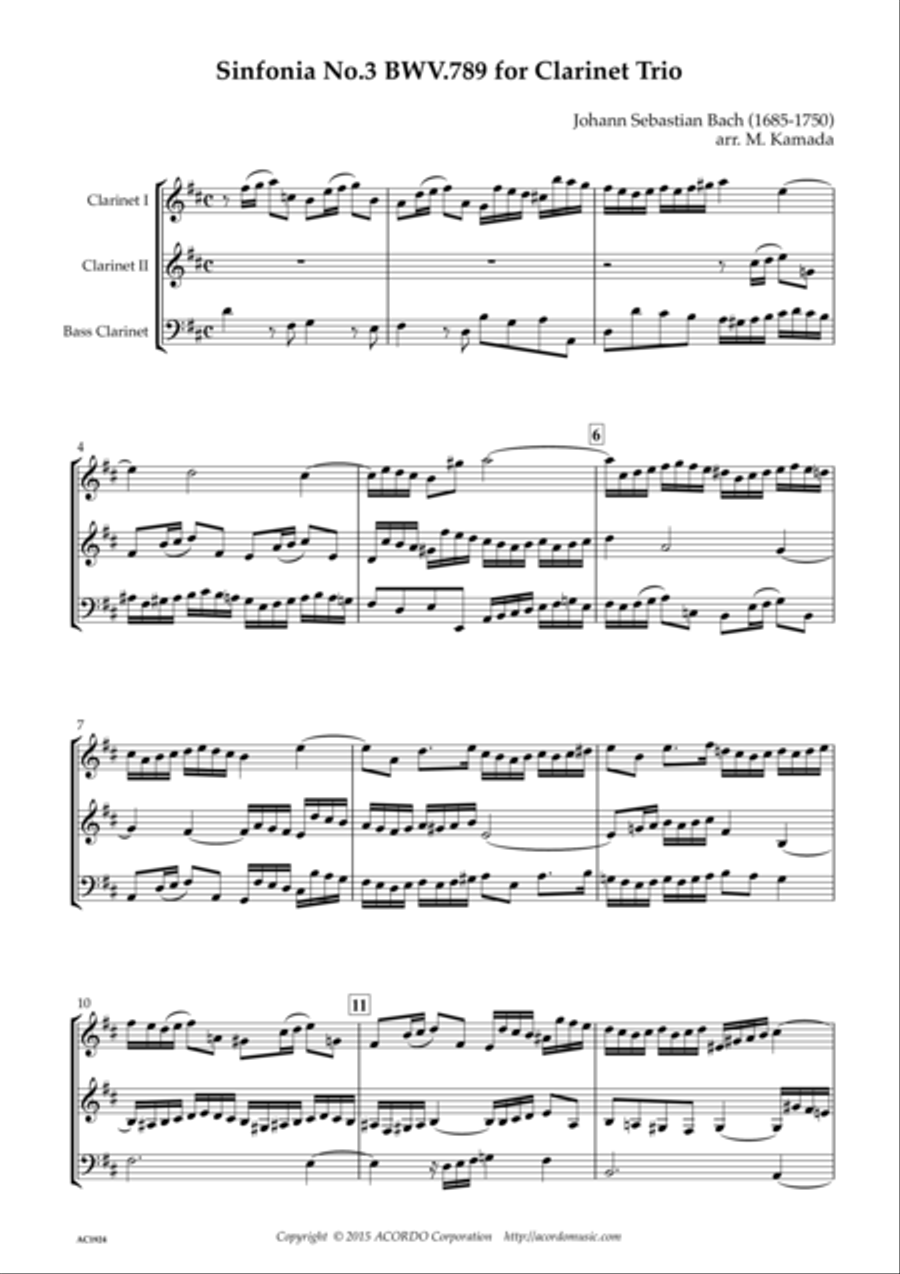 Sinfonia No.3 BWV.789 for Clarinet Trio Clarinet Trio scores gallery preview page 1