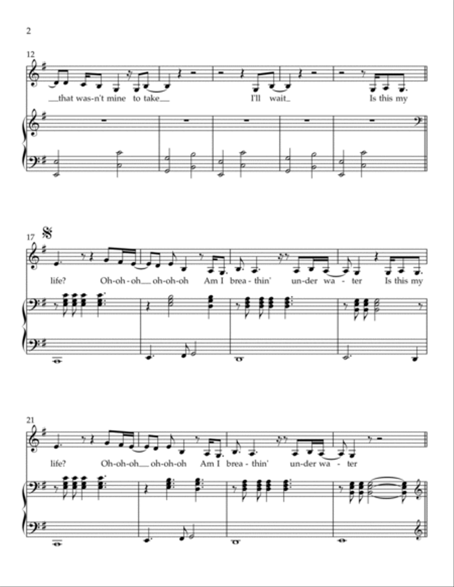 Breathing Underwater Piano, Vocal, Guitar scores gallery preview page 2