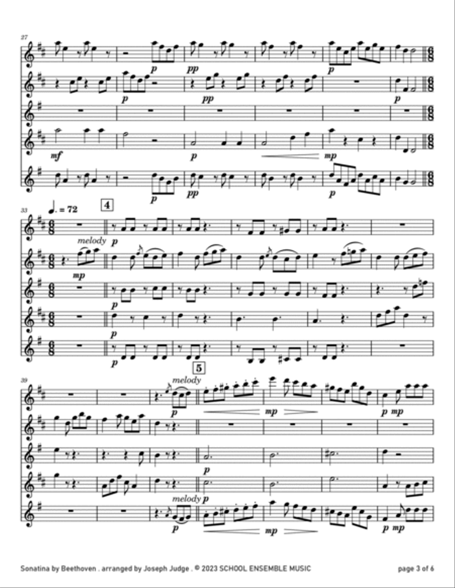 Sonatina by Beethoven for Saxophone Quartet in Schools Saxophone Quartet scores gallery preview page 3