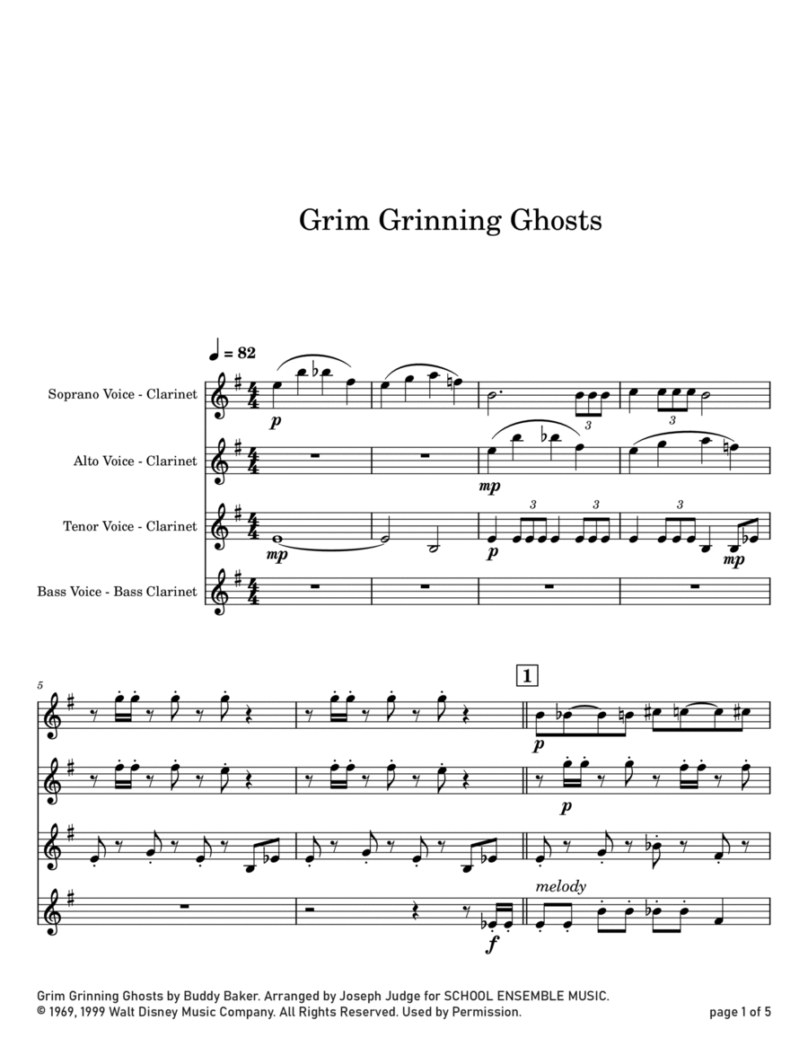 Grim Grinning Ghosts Clarinet Quartet scores gallery preview page 1