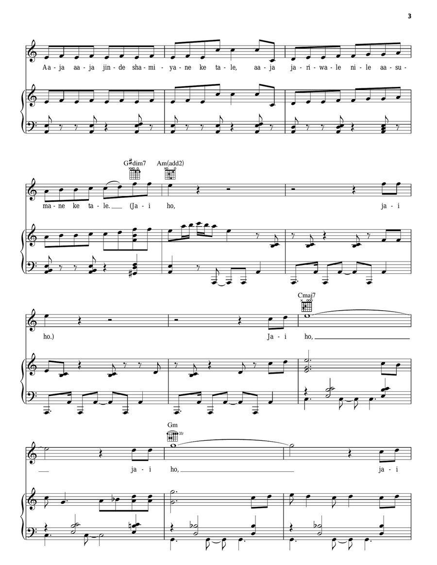 Jai Ho Piano, Vocal, Guitar scores gallery preview page 3