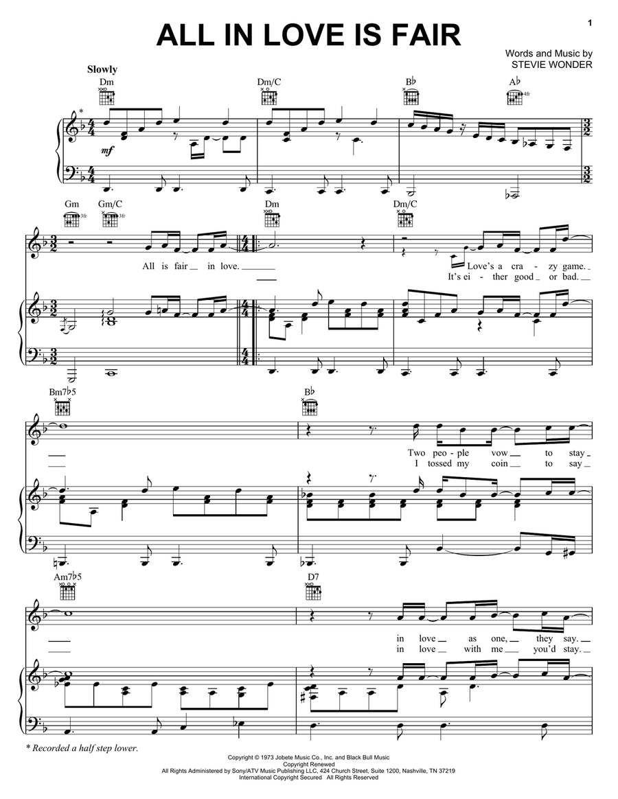 All In Love Is Fair Piano, Vocal, Guitar scores gallery preview page 1