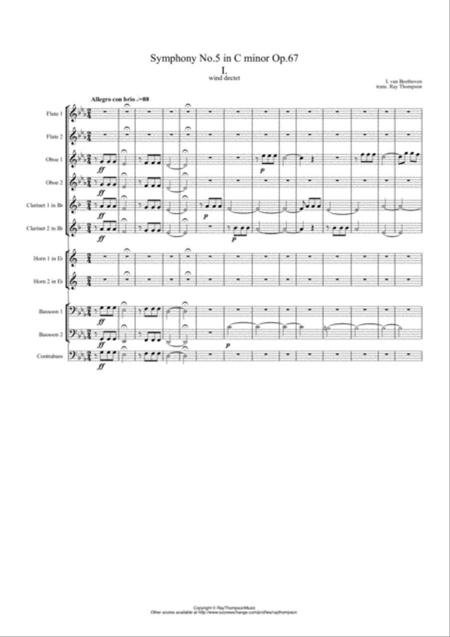 Beethoven: Symphony No.5 Op.67 Mvt.I - wind dectet (and opt. double bass) Double Bass scores gallery preview page 1