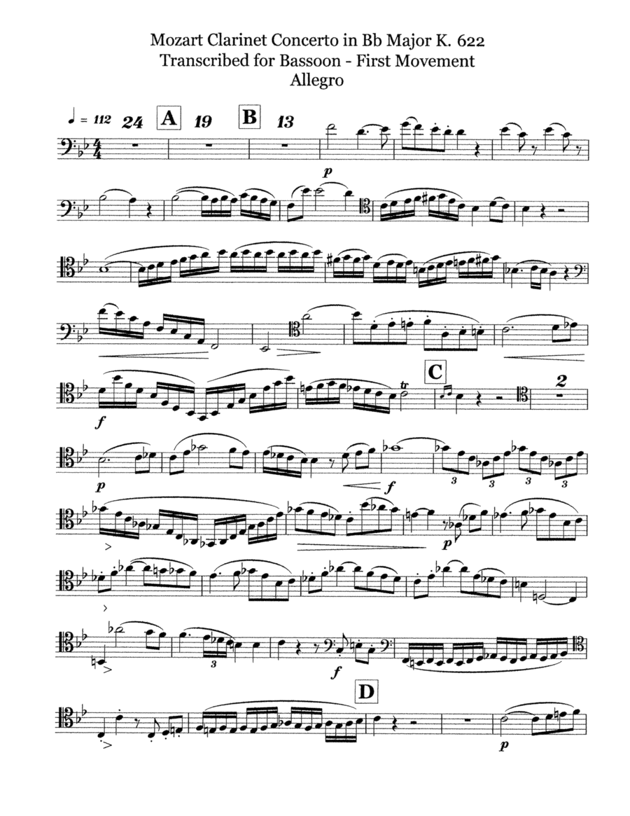 Mozart Bb Clarinet Concerto op. 622 for Bassoon B-Flat Clarinet scores gallery preview page 1