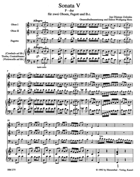 Sonata V fur zwei Oboen, Fagott und Basso continuo fur zwei Oboen, Fagott und Basso continuo F major ZWV 181/5