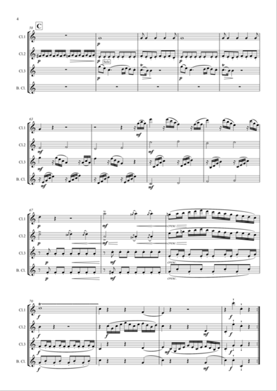Mozart: Piano Sonata No.16 in C (Sonata Facile) K545 Mvt.I Allegro - clarinet quartet Woodwind Ensemble scores gallery preview page 4