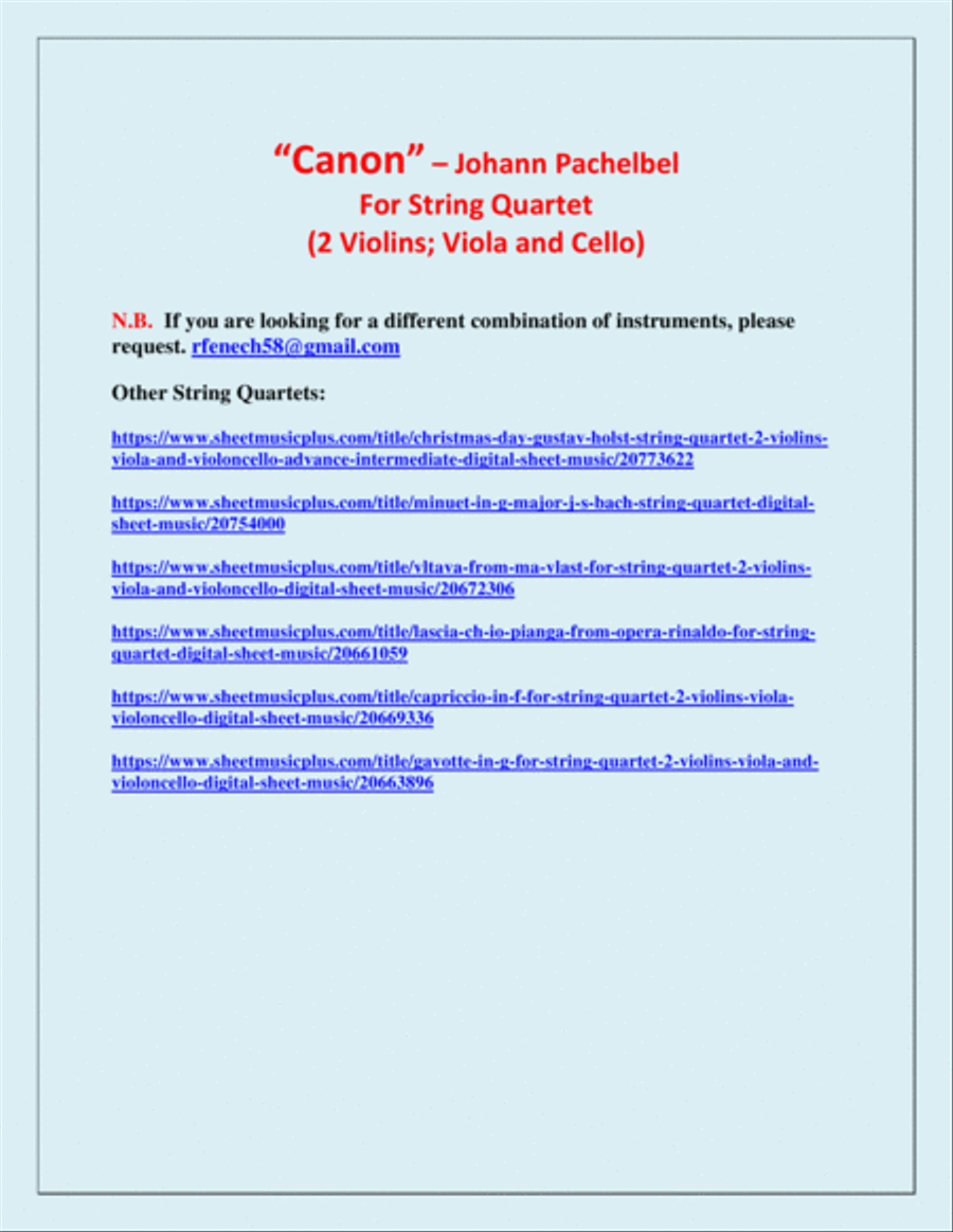 Canon - J.Pachelbel (1653 -1706) - For Strings Quartet (2 Violins; Viola and Violoncello ) String Quartet scores gallery preview page 3
