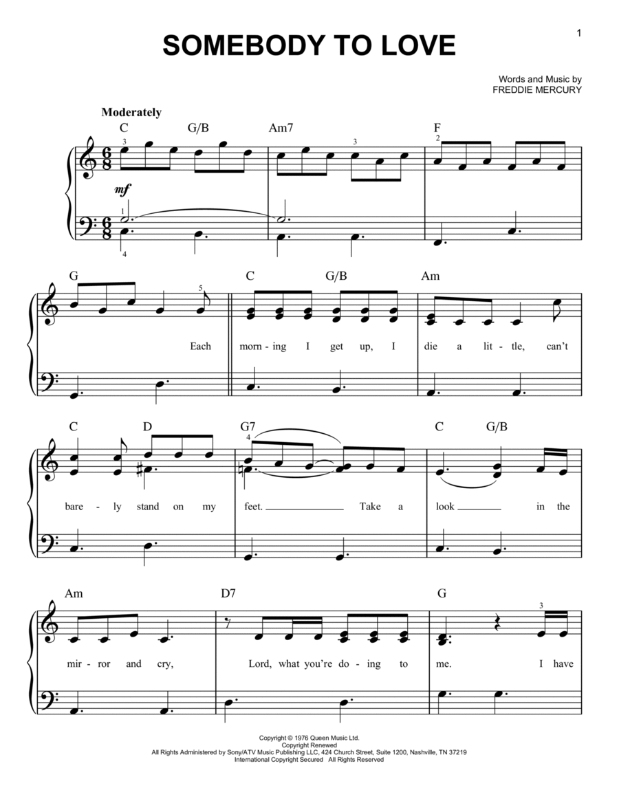 Somebody To Love Easy Piano scores gallery preview page 1