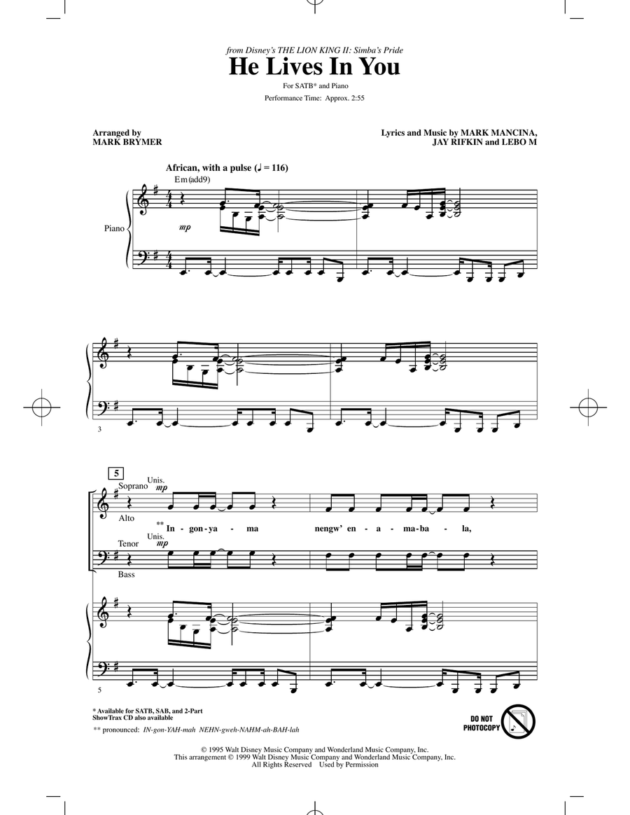 He Lives In You (from The Lion King II: Simba's Pride) (arr. Mark Brymer) 4-Part scores gallery preview page 1