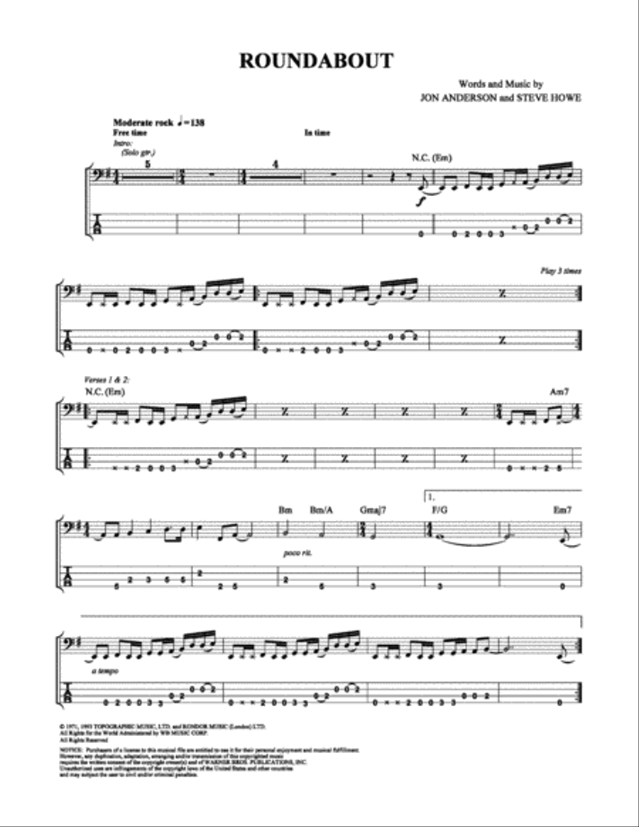 Roundabout Bass Guitar Tablature scores gallery preview page 1
