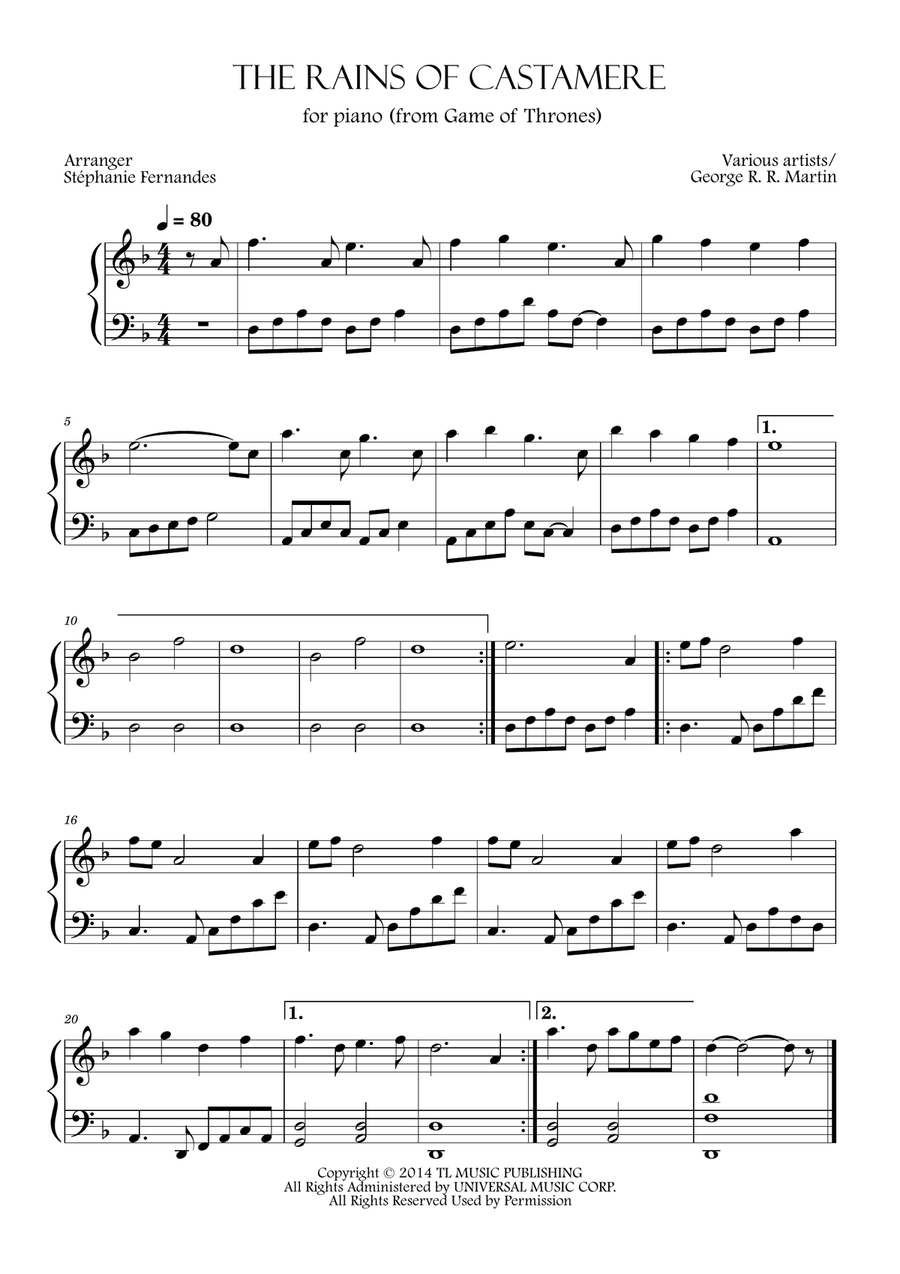 The Rains Of Castamere Piano Solo scores gallery preview page 1