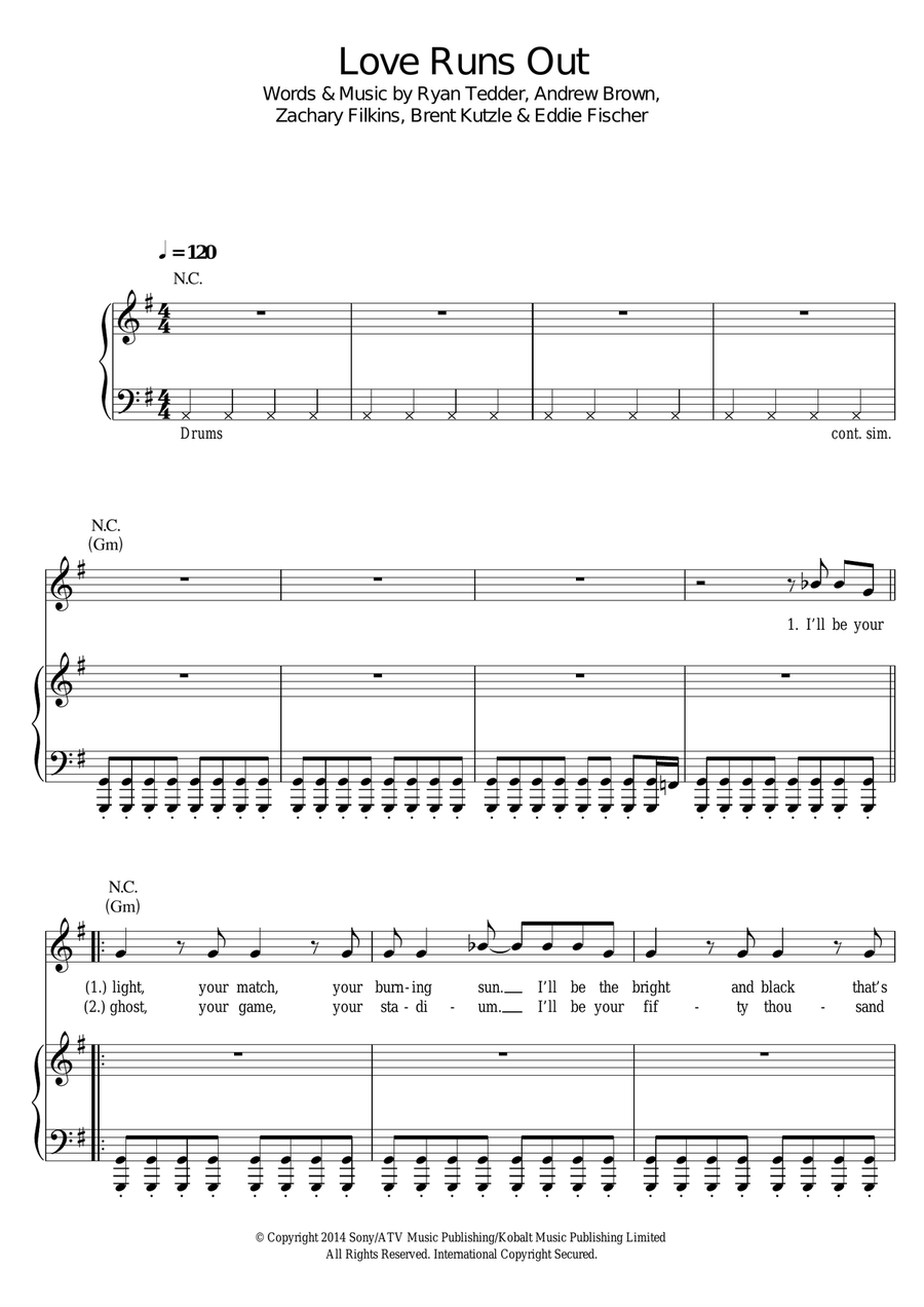 Love Runs Out Piano, Vocal, Guitar scores gallery preview page 1