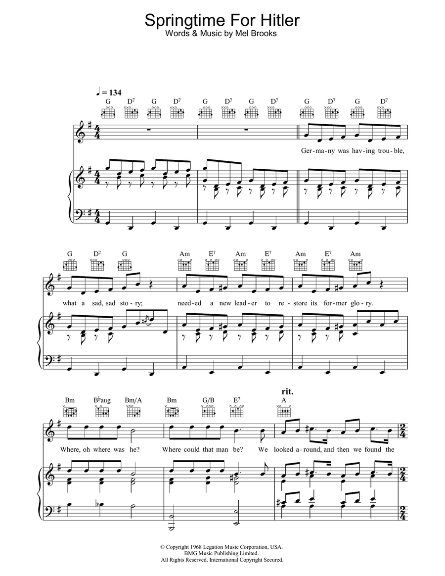 Springtime For Hitler (from The Producers) Piano, Vocal, Guitar scores gallery preview page 1