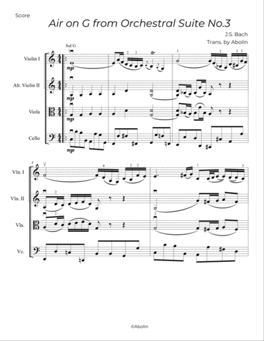 Bach: Air on a G String - String Trio, or 2 Violins and Cello