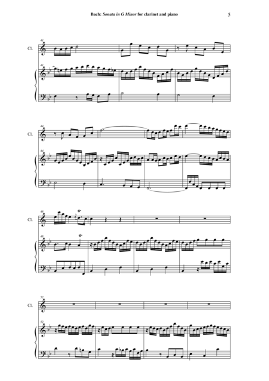 J. S. Bach: Sonata in g minor, BWV 1020 arranged for Bb clarinet and piano (or harp) B-Flat Clarinet scores gallery preview page 5