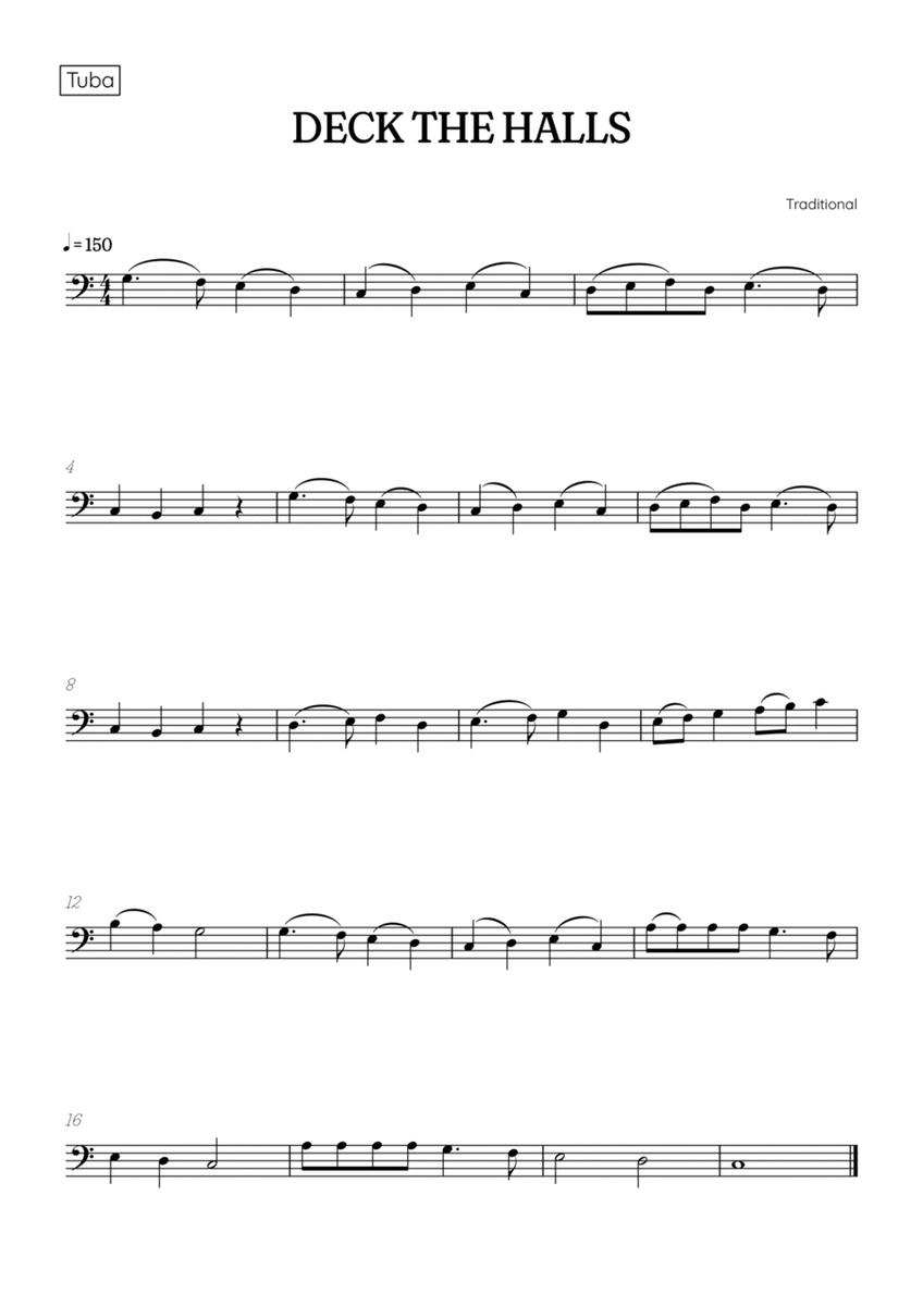Deck the Halls for tuba • easy Christmas song sheet music image number null
