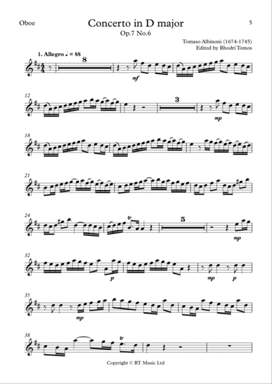 Albinoni Concerto D major Op.7 No.6 - solo trumpet and piccolo trumpet parts C Trumpet scores gallery preview page 5