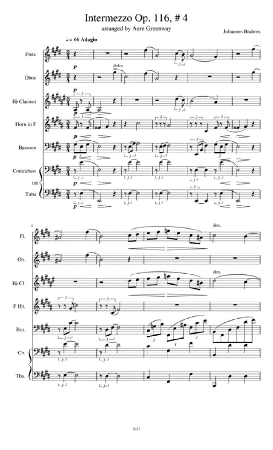 Brahms Intermezzo Opus 116 No. 4, arranged for ensemble Woodwind Quintet scores gallery preview page 2