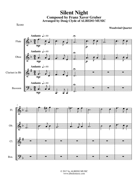 Silent Night for Woodwind Quartet by Franz Xaver Gruber Woodwind Quartet - Digital Sheet Music