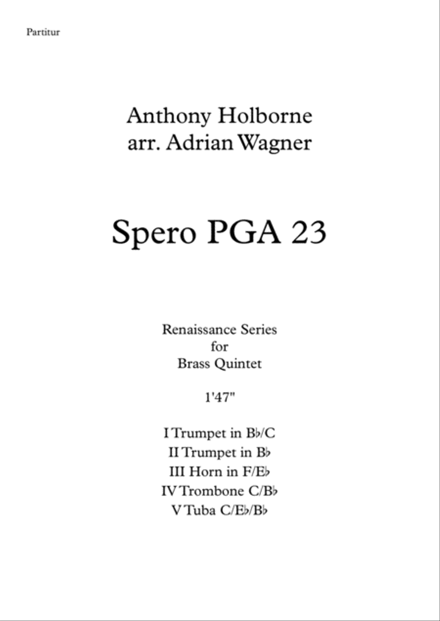 Spero PGA 23 (Anthony Holborne) Brass Quintet arr. Adrian Wagner Brass Quintet scores gallery preview page 1