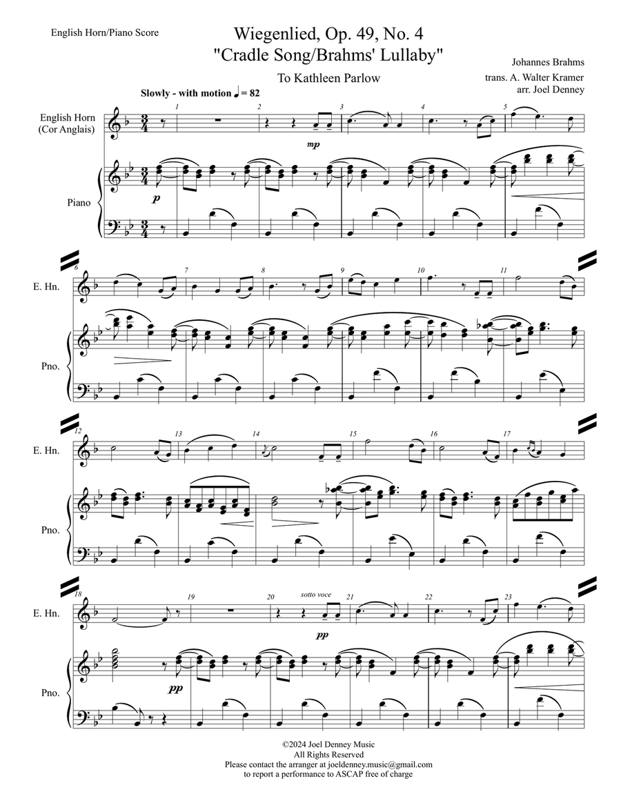 English Horn/Piano: Brahms' Lullaby/Cradle Song (Wiegenlied, Op. 49 No. 4) Chamber Music scores gallery preview page 1